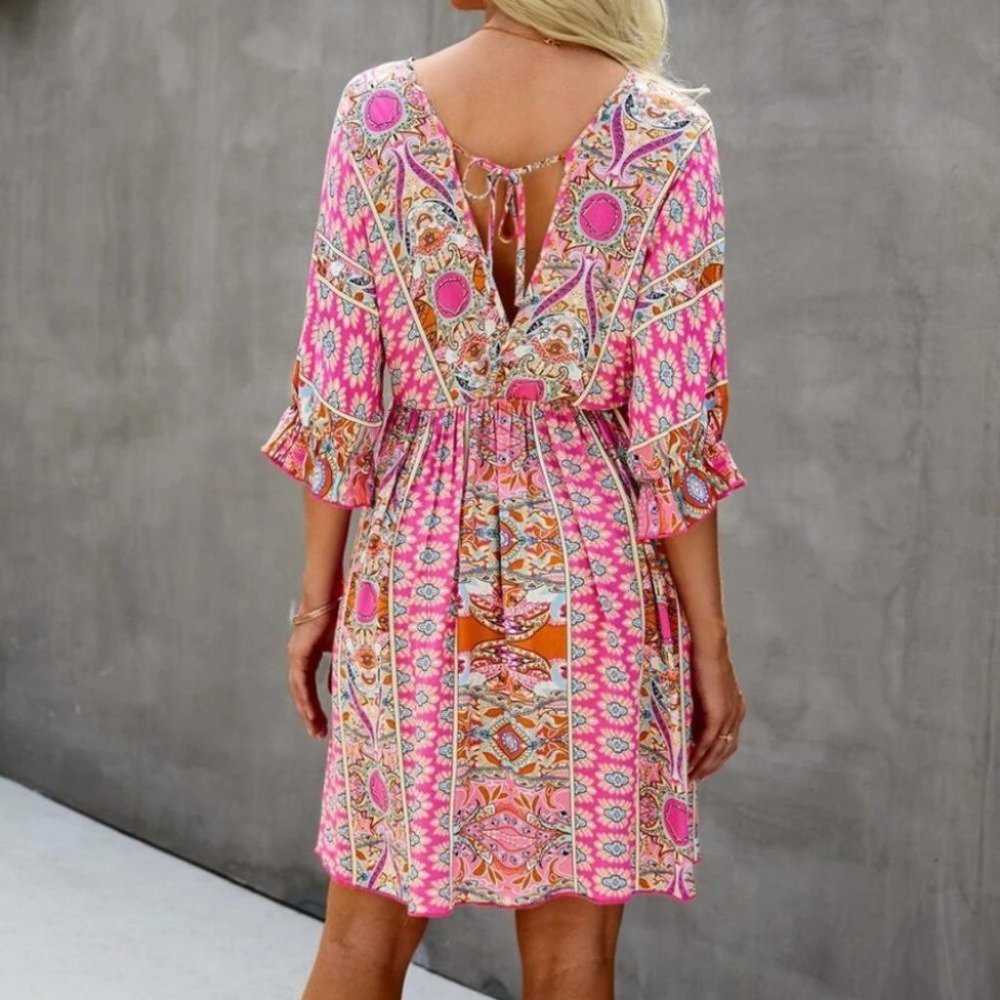 Multi Print Wrap Neck Tie Back Dress Pink - Picture 2 of 4